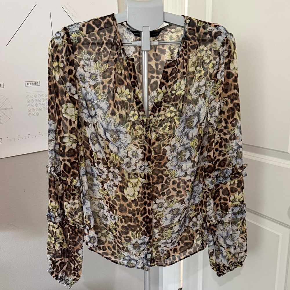 White House Black Market sheer Leopard Floral Blouse